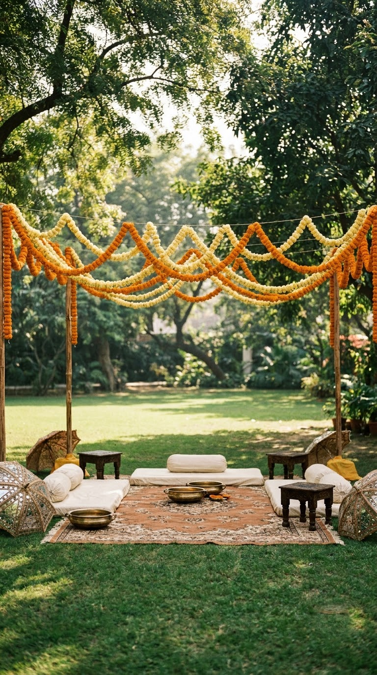 Mehendi function décor with marigold and lounge seating